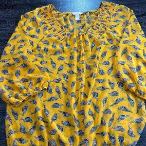 Banana Republic Yellow Bird Print Blouse XL Smocked Neck Boho